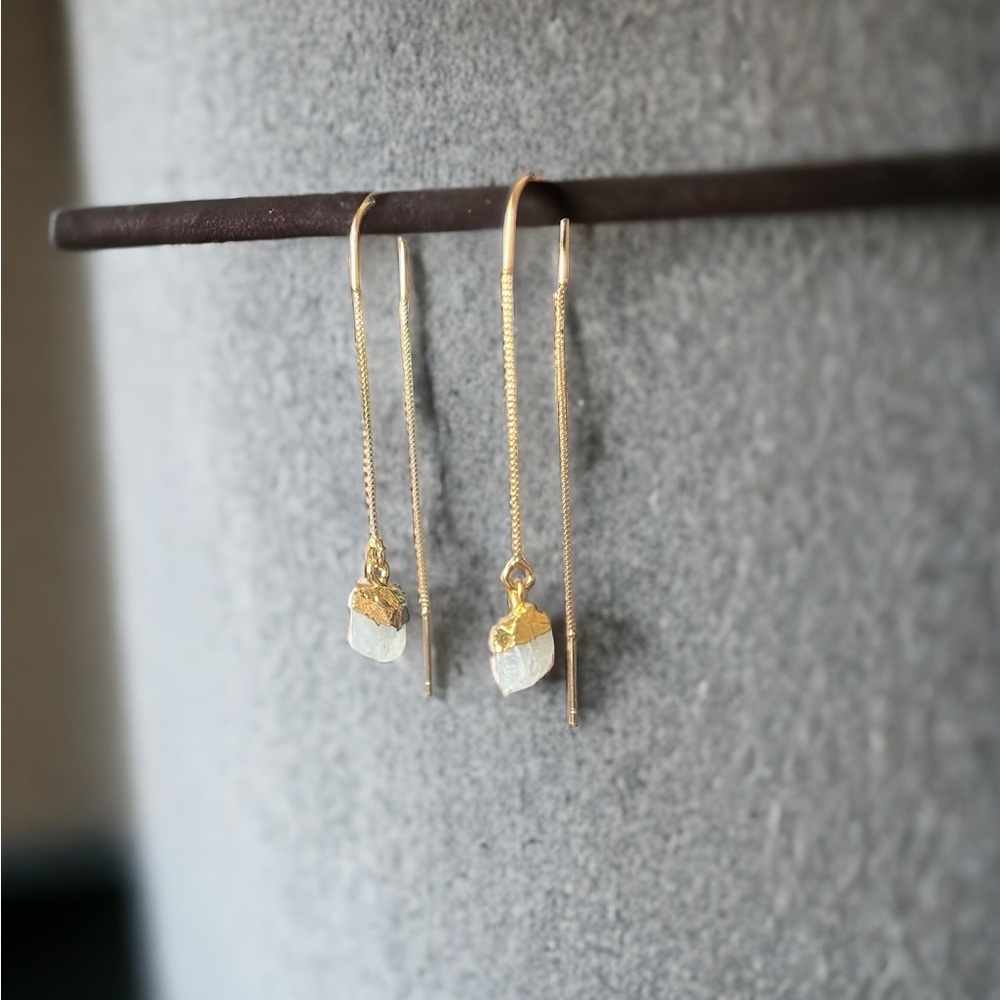 Raw Moonstone Gold Threader Earrings - Picture 2 of 3